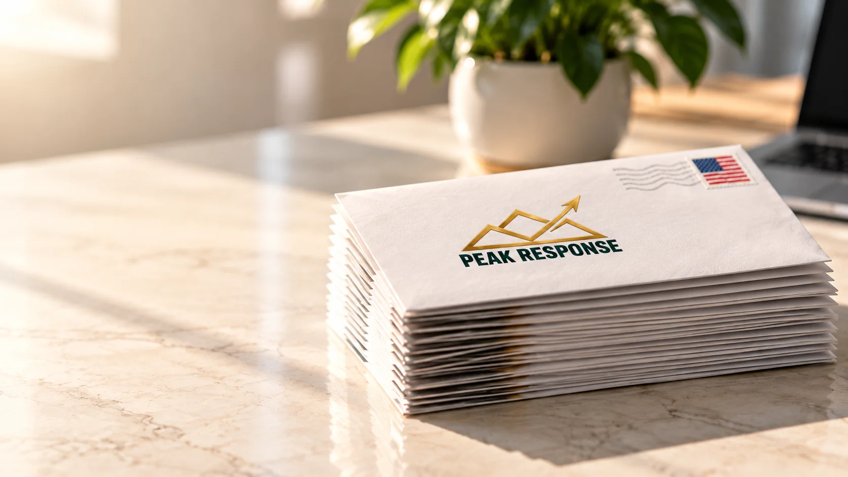 A stack of Peak Response mailing envelopes on a sunlit executive desk